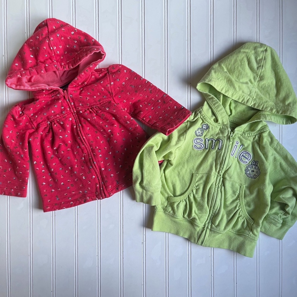 Faded Glory Baby Girls Hoodie Bundle Pink Floral 6-9M Green Smile 12M Zip Up
